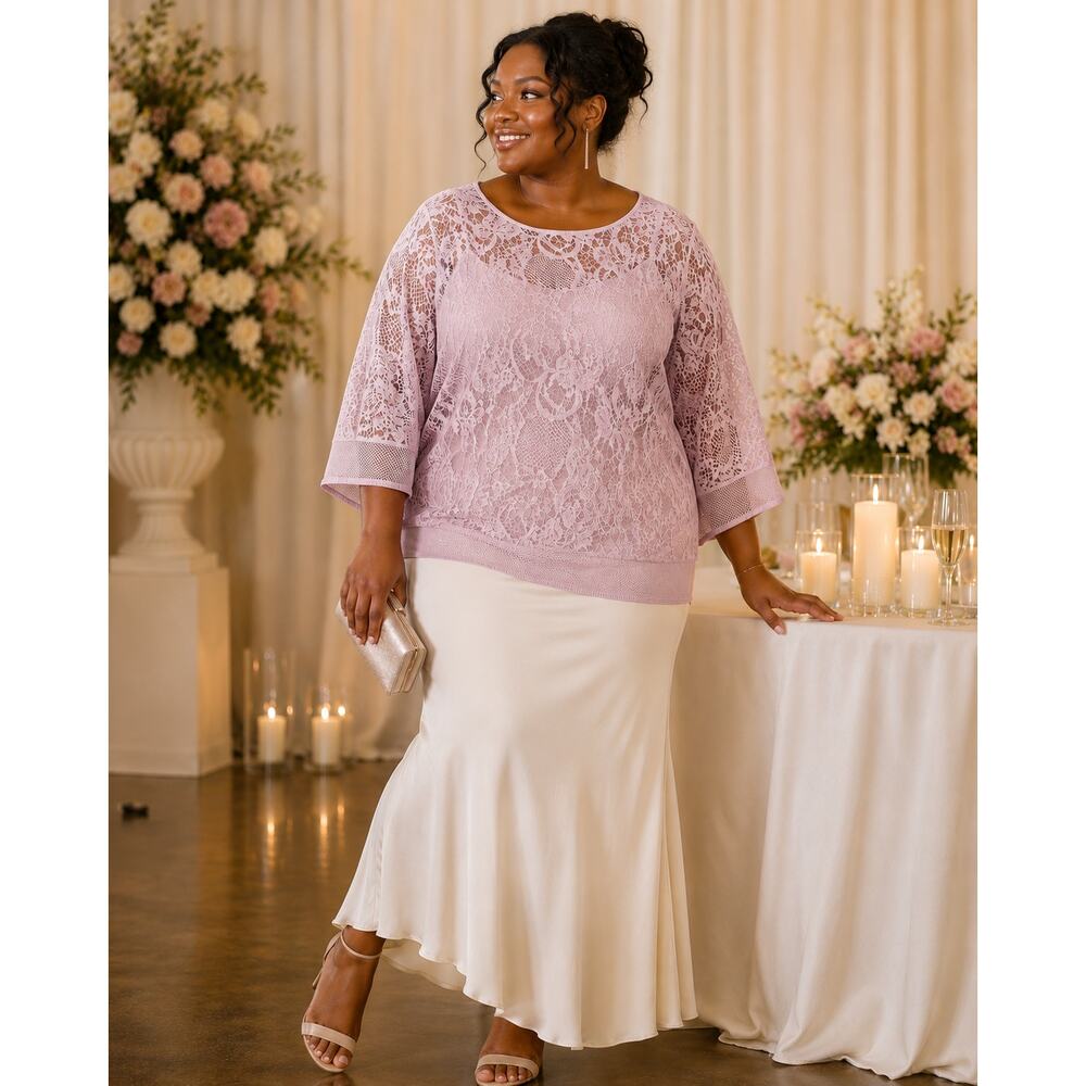 Worthington Woman Pink Lace Overlay Blouse Top 1X Wedding Guest Romantic Boho